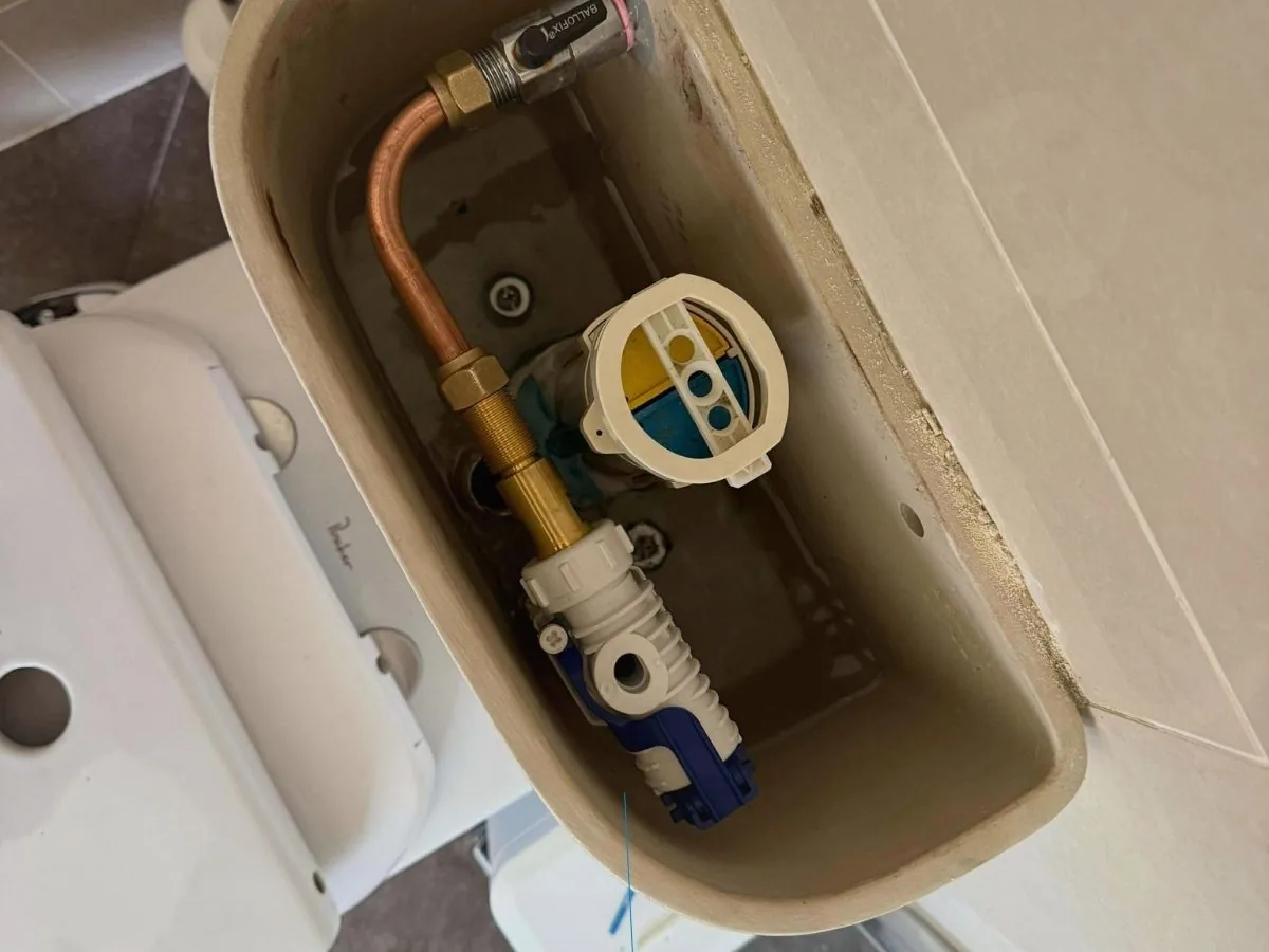 Internal components of a toilet cistern during repair